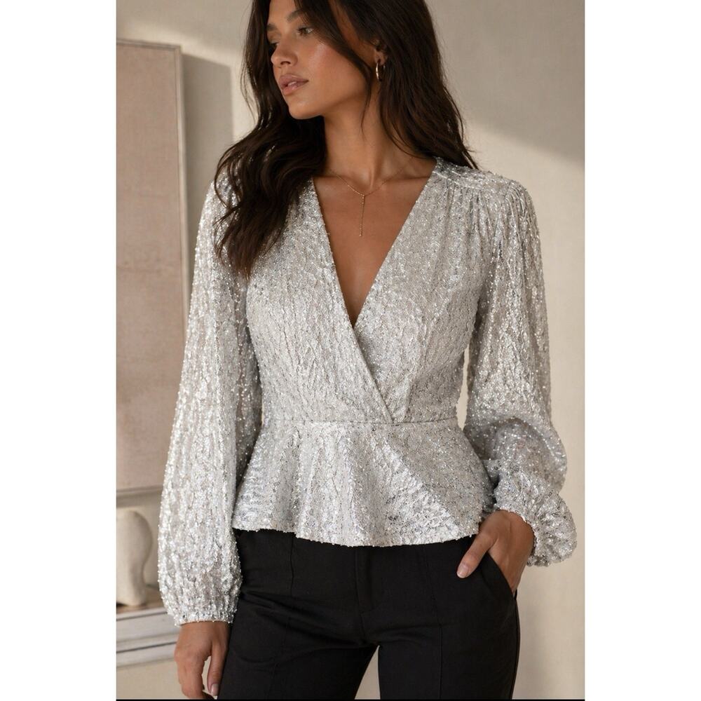 Ramy Brook Silver Metallic Jacquard Peplum Zip Lined Blouse NWT Size 8”